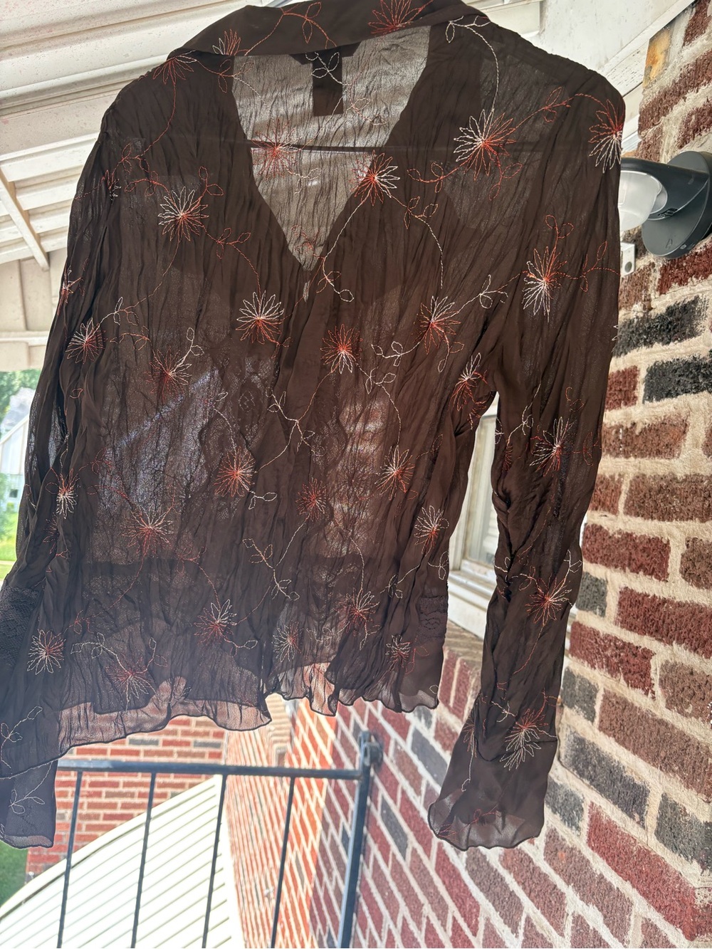 New York & Company Brown Ruffle Sheer Floral Blouse - Picture 6 of 6
